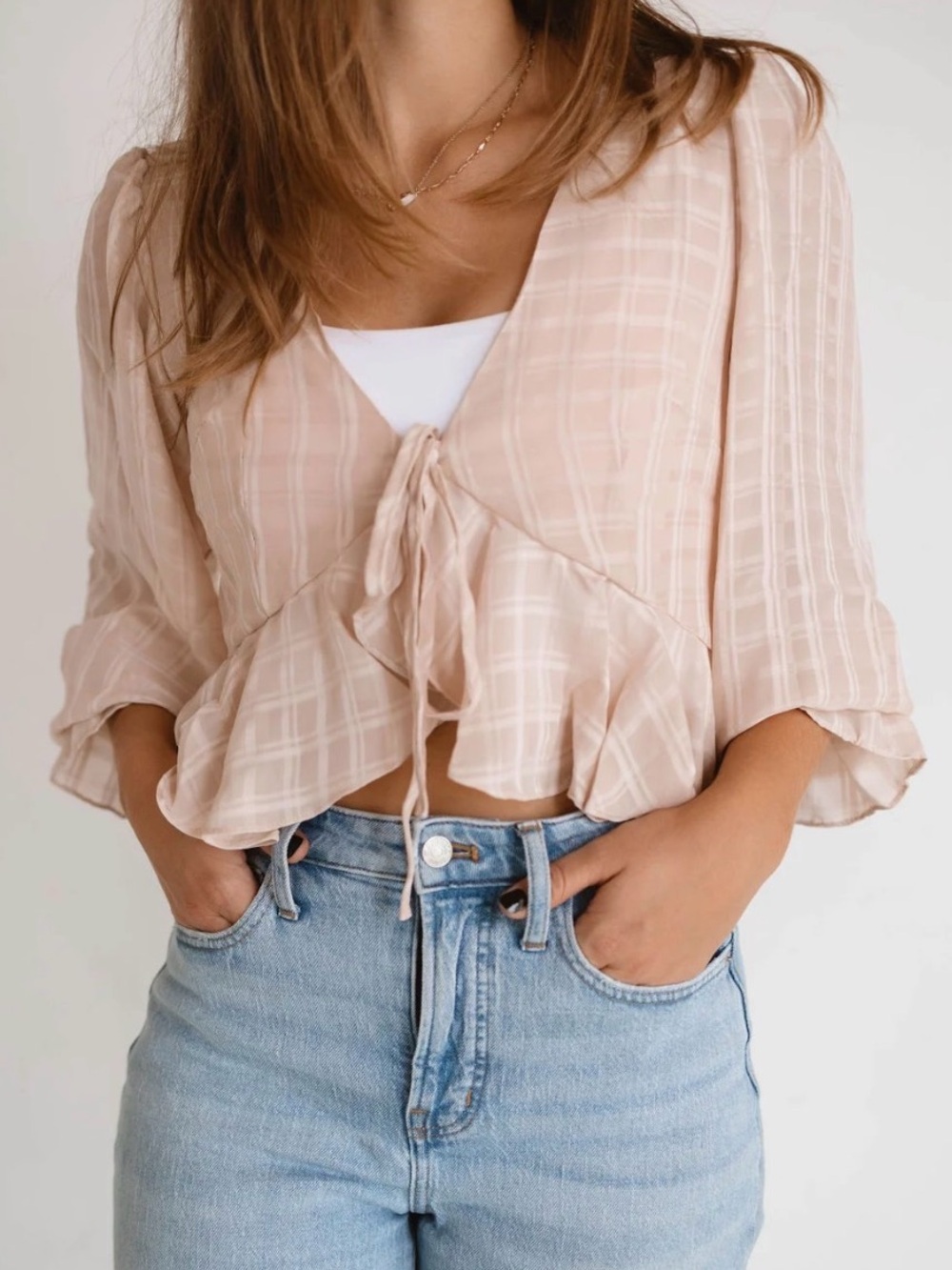 Mable Blush Beige Plaid Tie Front Peplum Blouse Medium